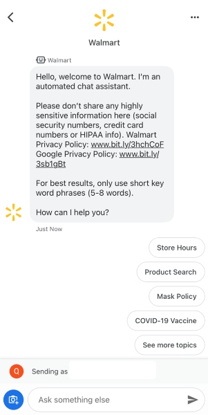 Maaaring magtanong ang mga customer sa virtual agent ng Walmart tungkol sa mga oras ng tindahan, produkto, patakaran sa maskara, bakuna sa COVID-19, at marami pa