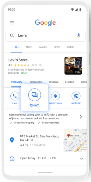 Maaaring makipag-ugnayan ang mga customer sa Levi’s sa pamamagitan ng chat button sa Google Maps (mobile lang)