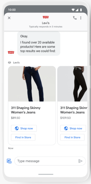 Maaaring tingnan ng mga customer ang mga produkto ng Levi’s kapag nakikipag-ugnayan sa virtual agent ng Levi’s sa Google Maps