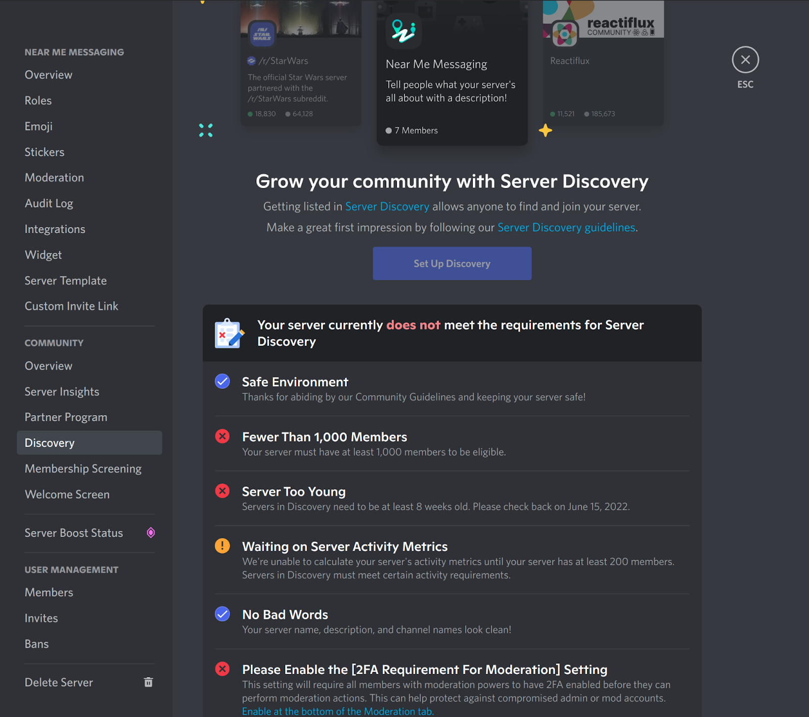 Discord डिस्कवरी सेटिंग्स और आवश्यकताएँ।