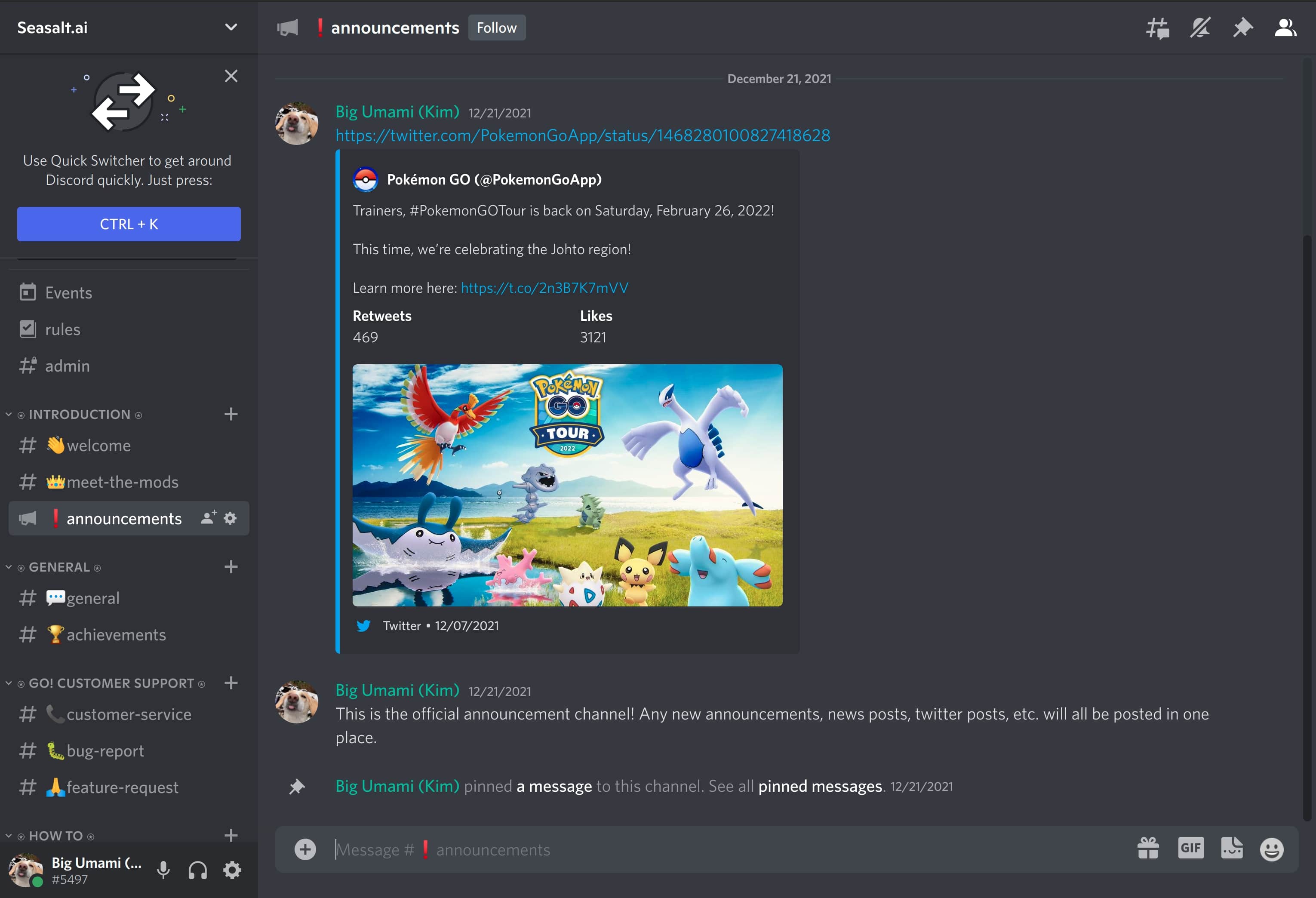 Announcement channel on Discord server containing posts from official Twitter account.