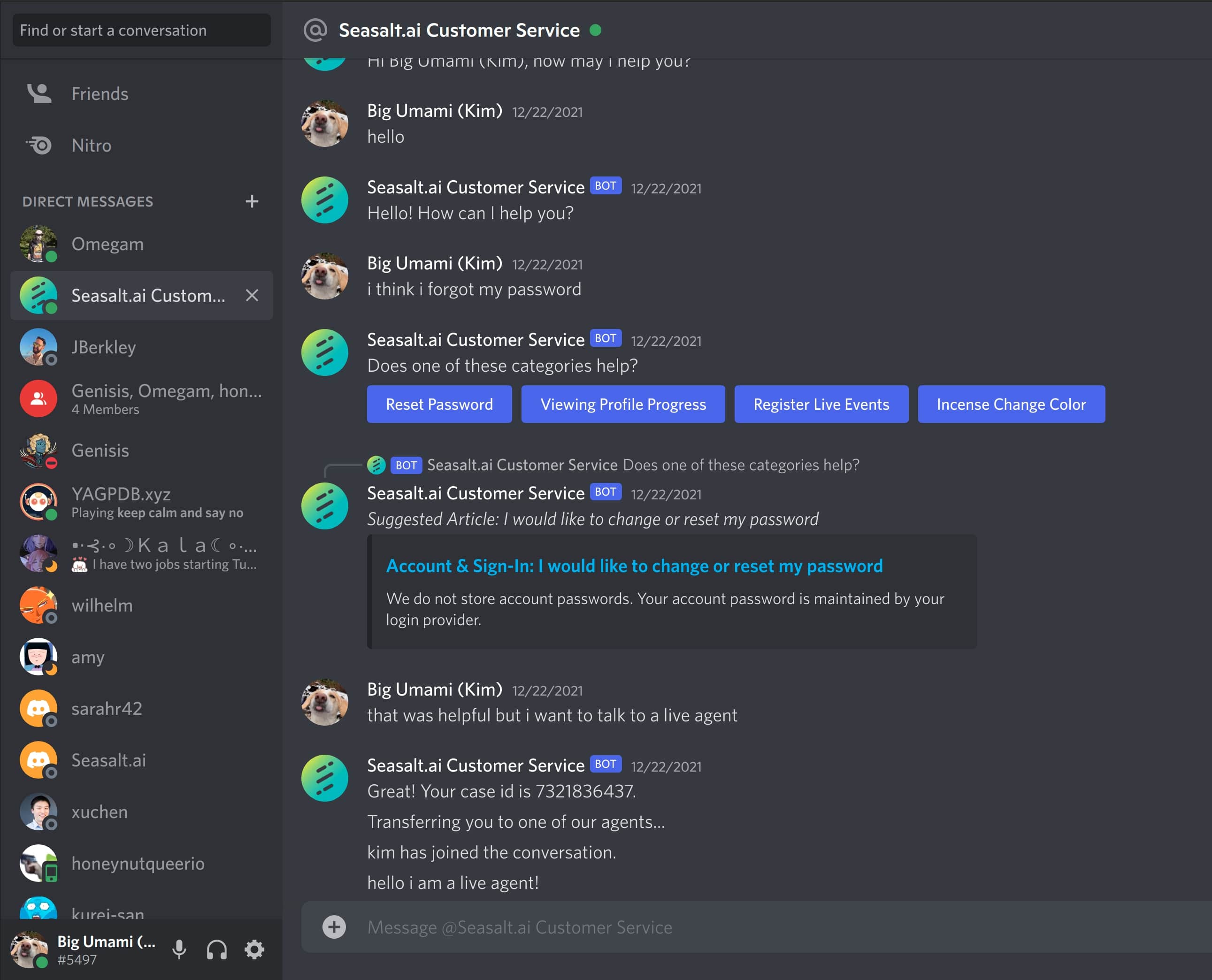 Direct messages with customer service containing knowledge base article suggestions, live agent transfer, and case management.