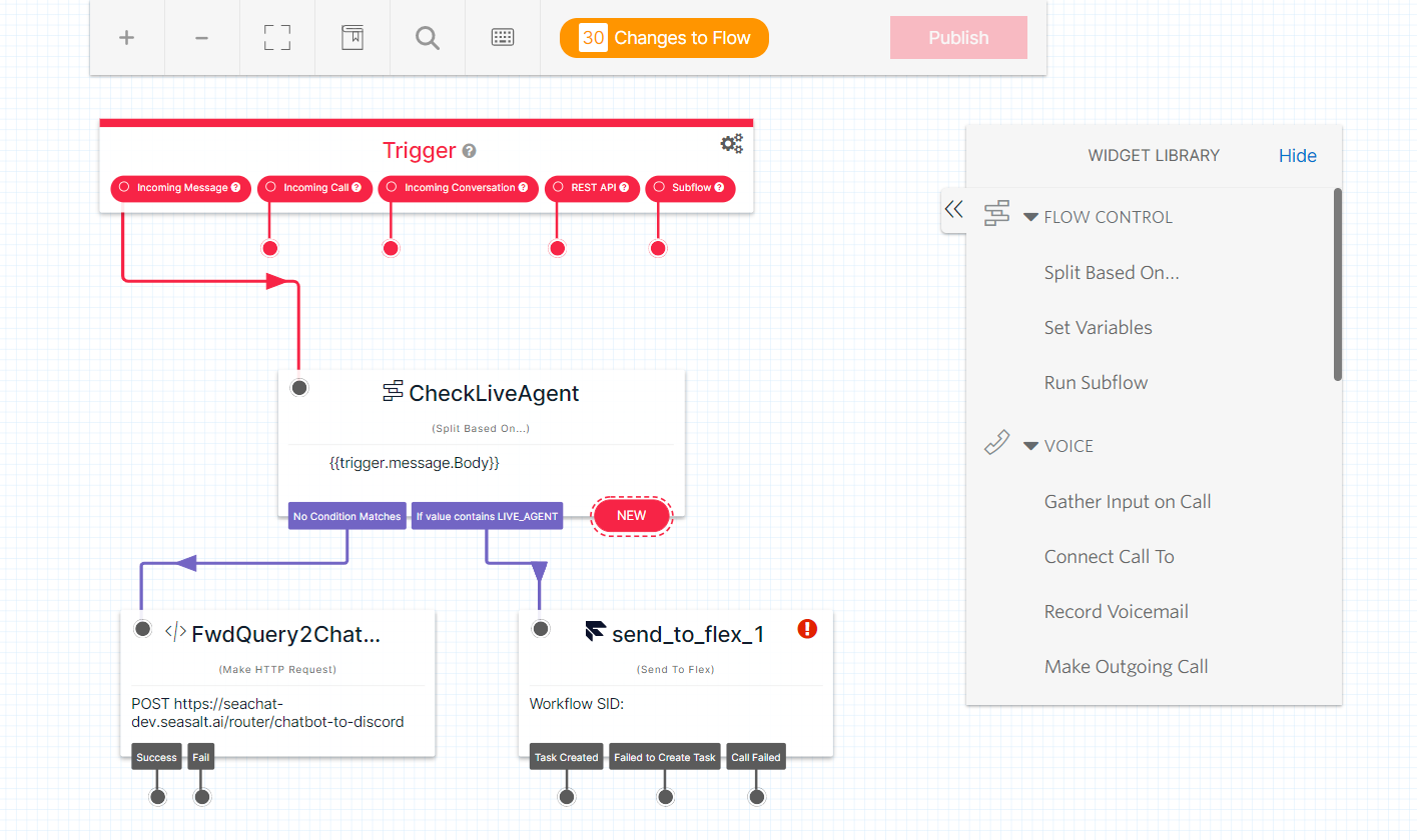 Simple Flex Studio flow that routes incoming messages to chatbot or SeaX.