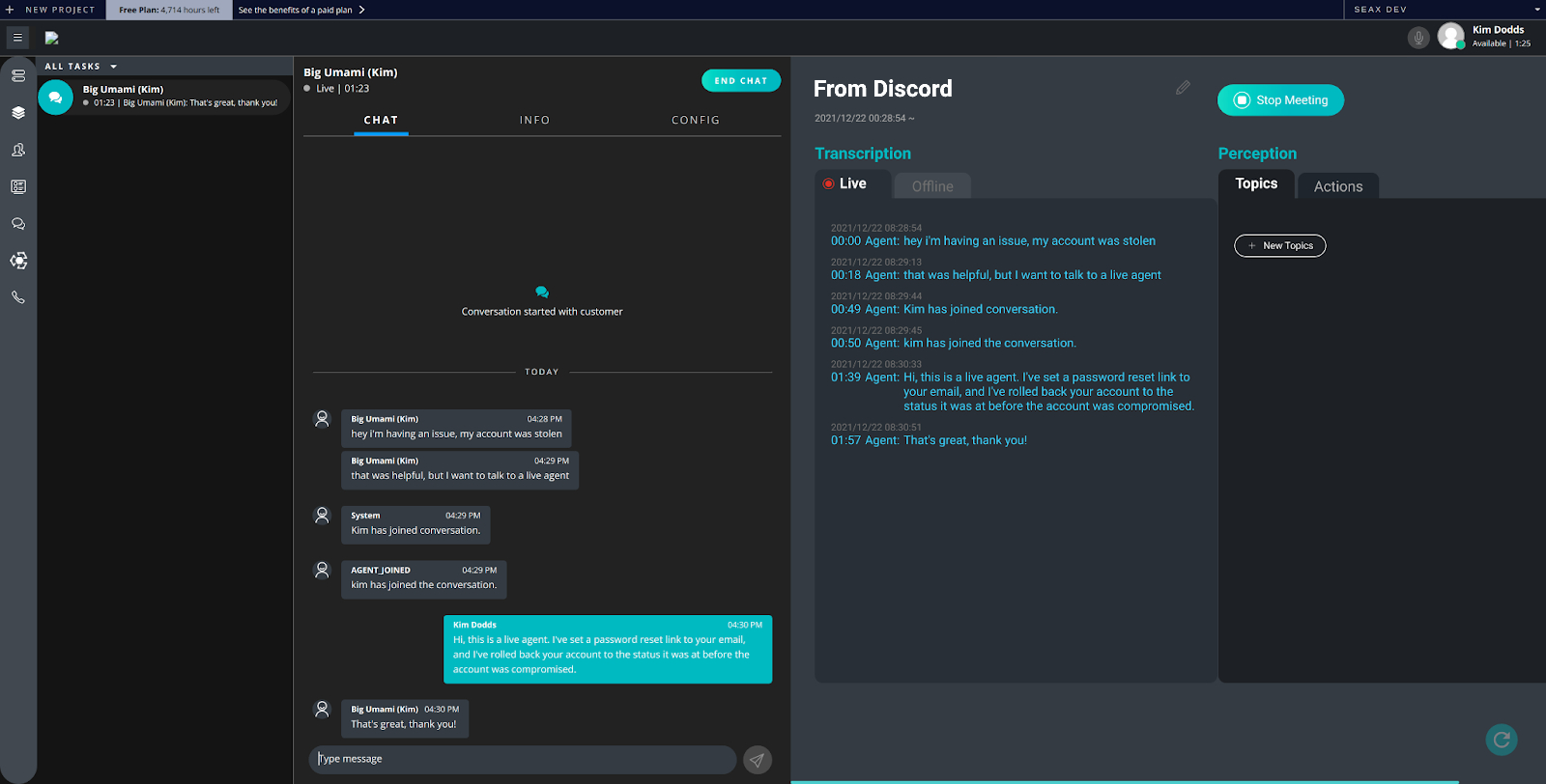 SeaX interface showing live agent view of conversation with Discord user.