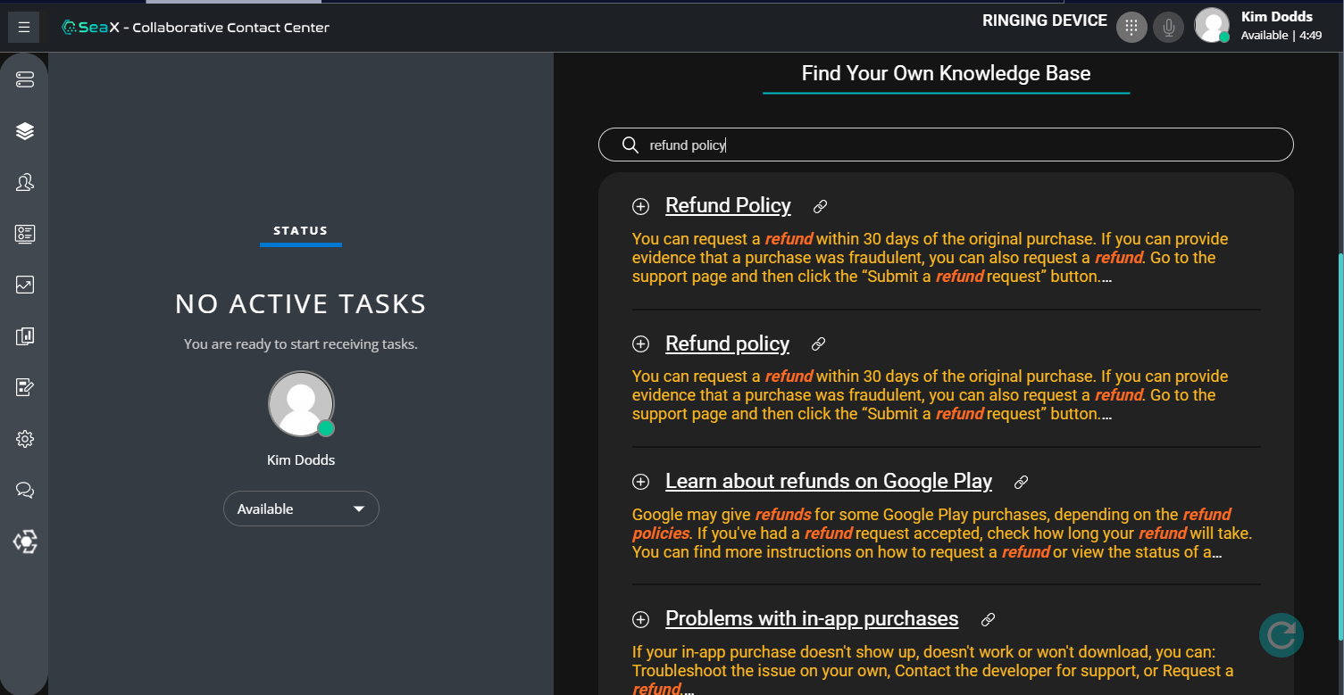 SeaX नॉलेज बेस में मैन्युअल खोज के परिणाम।