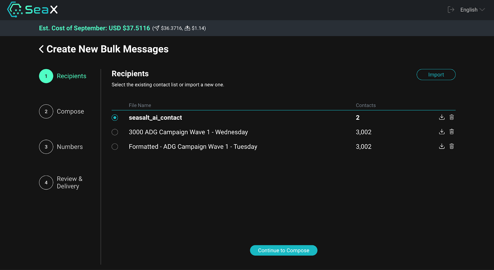 SeaX बल्क SMS में संपर्क सूची अपलोड करें।