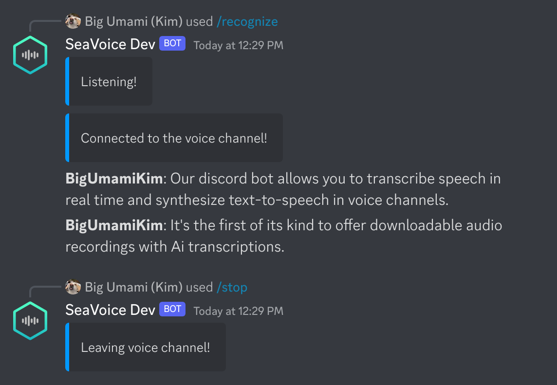 SeaVoice Discord Bot na nag-transcribe ng pananalita mula sa isang voice channel sa real-time.