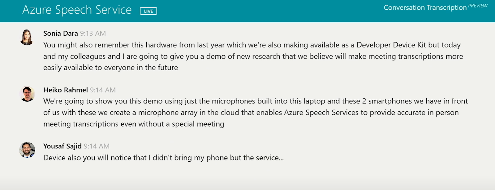 User interface of Microsoft Azure's speech-to-text and speaker identification