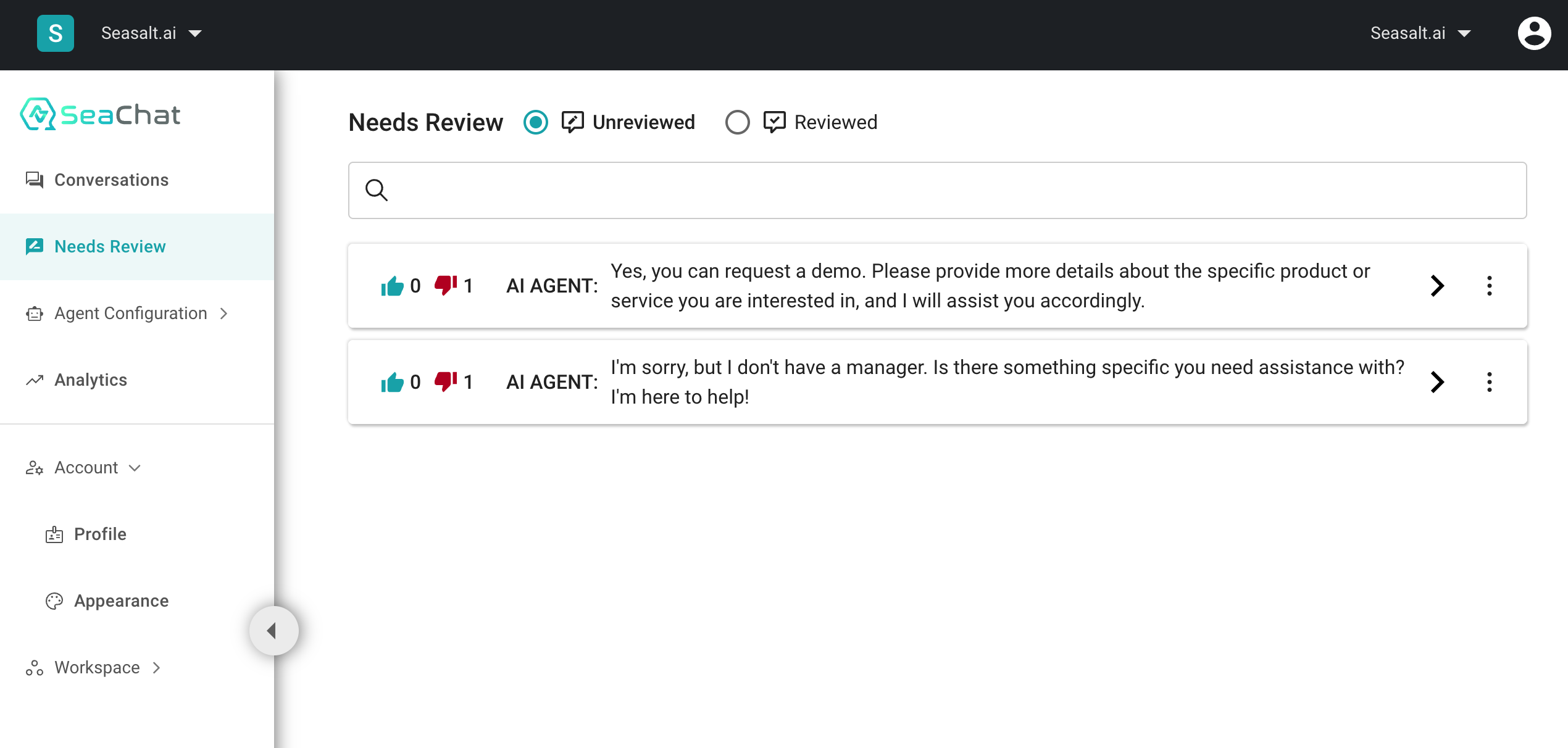 सीचैट में एआई एजेंटों के लिए समीक्षा प्रणाली है