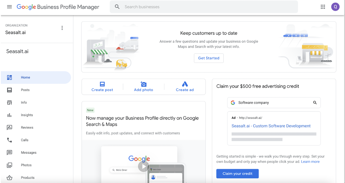 Pahina ng Google Business Profile kapag naka-sign in na ang may-ari ng negosyo