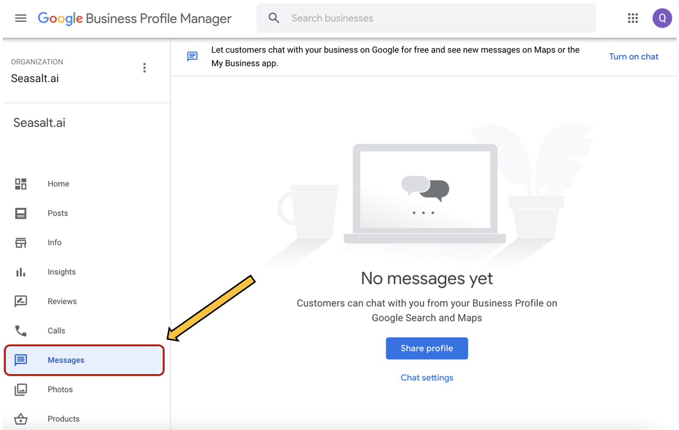 Ang interface ng tab na Mga Mensahe sa Google Business Profile