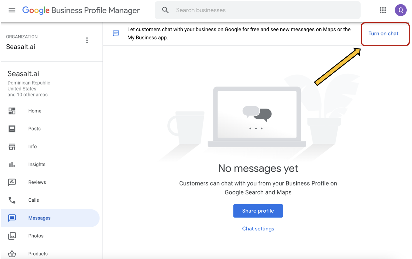 Ang pag-click sa button na i-on ang chat ay mag-a-activate sa feature ng chat
